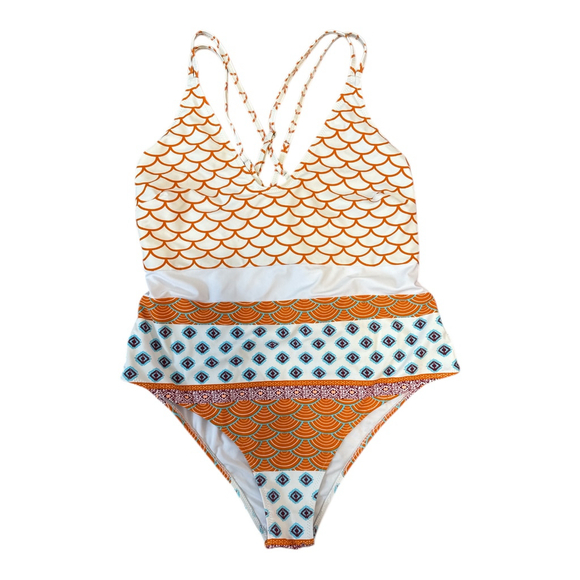 Women's Geometric Print Swimsuit, Orange and White Pattern, Size 1X - Picture 1 of 3